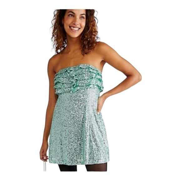 FREE PEOPLE x Revolve Frida Mint Green Sequin Strapless Ruffle Mini Dress US 8 - Picture 4 of 7